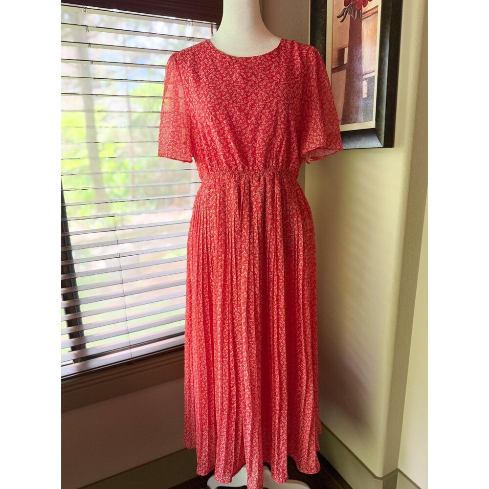 Hayden LA Red Ditsy Floral Pleated Midi Dress MED flutter sleeves cottage core